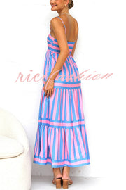 Beachy Dreams Striped Print Back Smocked Pocket A-line Slip Midi Dress