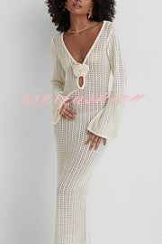 Bahamas Knit Long Bell Sleeve Sexy Backless Holiday Cover-up Maxi Dress