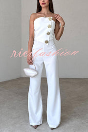 Solid Color Sexy Tube Top Gold Button Embellished Bootcut Jumpsuit