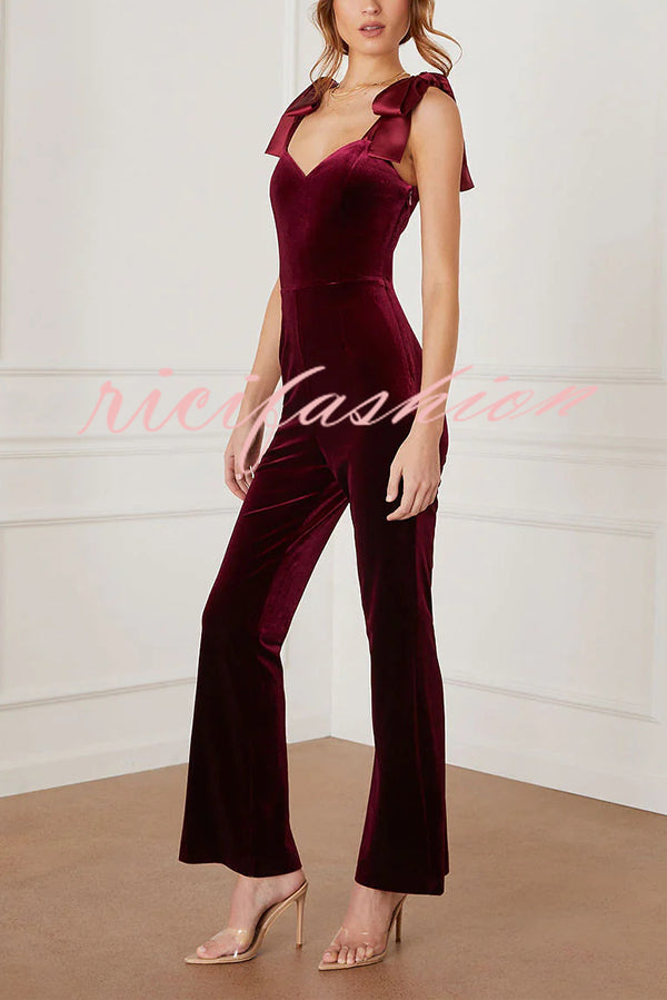 Merlot Sippin' Velvet Shoulder Tie Flare Stretch Jumpsuit