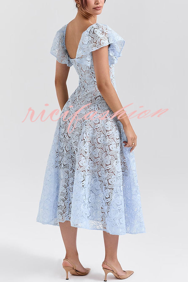 Romantic Atmosphere Bluebell Lace Butterfly Sleeve Sweetheart Neck Stretch Midi Dress