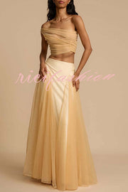 Romance Factor Satin Patchwork Tulle High Rise Elastic Waist A-line Maxi Skirt