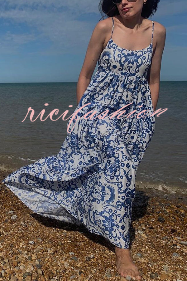 Botanical Floral Print Sexy Sling Backless Maxi Dress