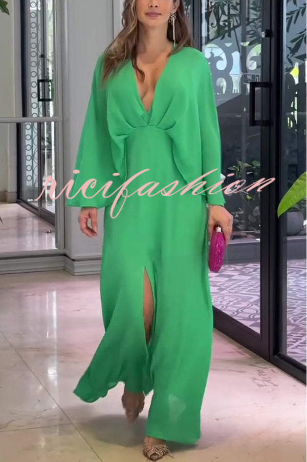 Solid Color V Neck High Waist Slit Casual Maxi Dress