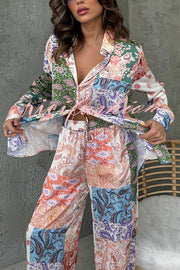 Unique Ethnic Print Long-sleeved Shirt and Elastic Waist Pants Set