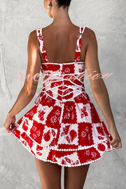 Holiday Colors Ric Rac Trims Unique Print Cutout Round Neck Mini Dress