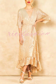 Solid Color Sequined V-neck Waist Tie Loose Maxi Dress