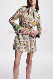 Mila Linen Blend Unique Print Shaped Collar Tie-up Waist Shirt Mini Dress