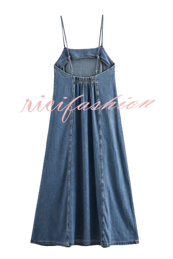 Tenaya Denim Back Elastic A-line Loose Slip Maxi Dress