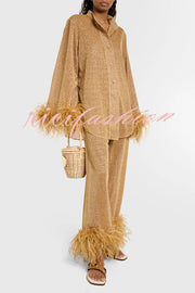 Glitter Fabric Feather Trim Long Sleeve Button Top and Elastic Waist Loose Straight Pants Set