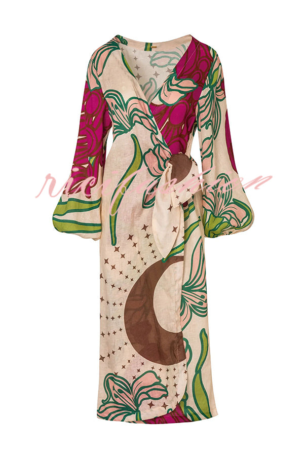 Tracey Linen Blend Unique Print Balloon Sleeve Tie-up Tunic Maxi Dress