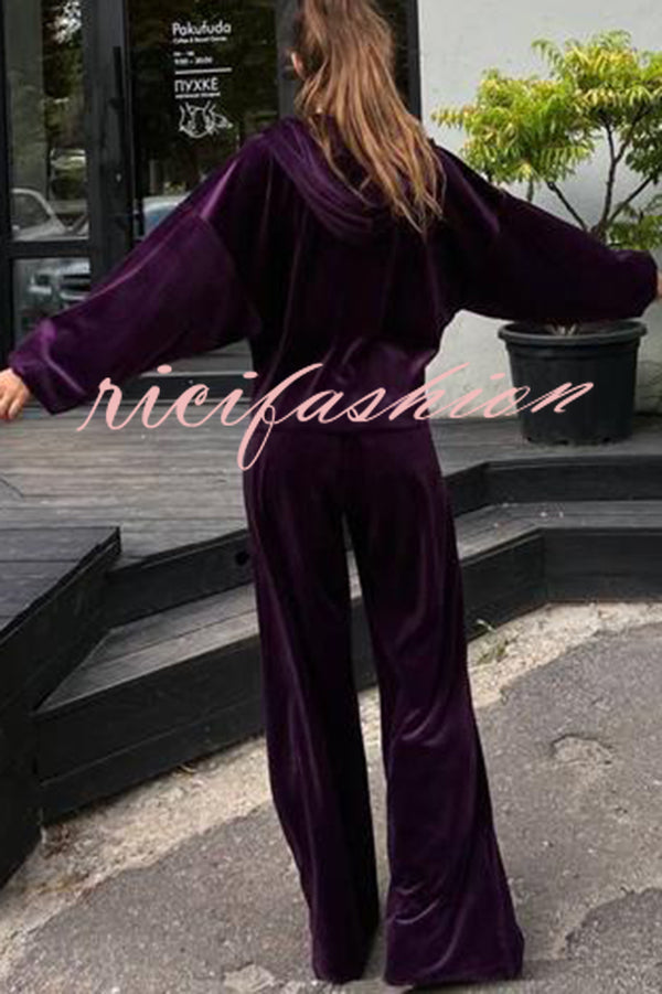 Velvet Casual Zip-up Hooded Top and Elastic Waist Wide Leg Pants Set