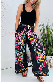 Hippie Style Unique Floral Denim Print Elastic Waist Pocketed Wide Leg Pants