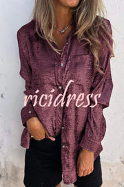 First and Fabulous Metallic Fabric Button Up Long Sleeve Loose Blouse