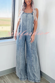 Vintage Washed Denim Raw Edge Elastic Waist Wide Leg Jumpsuit