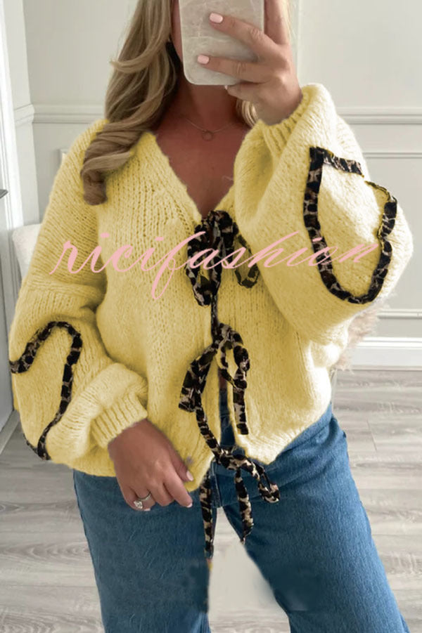 Fashionable Loose Long-sleeved Leopard Print Lace-up Knitted Sweater Cardigan