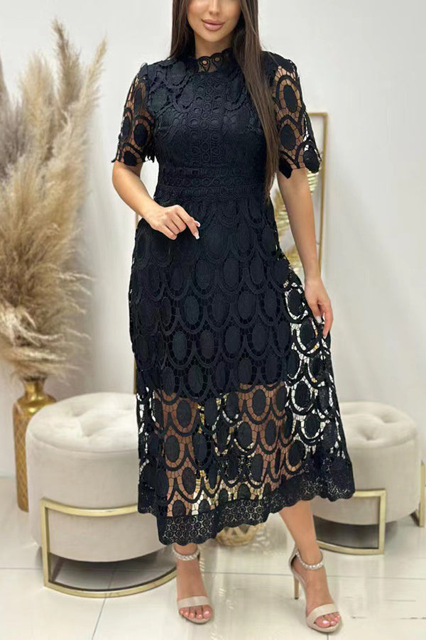 Elegant Crocheted Cutout Lace Short-sleeved Stand-collar Midi Dress