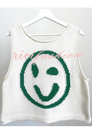 Always Happy Face Knit Unique Pattern Versatile Loose Tank Top