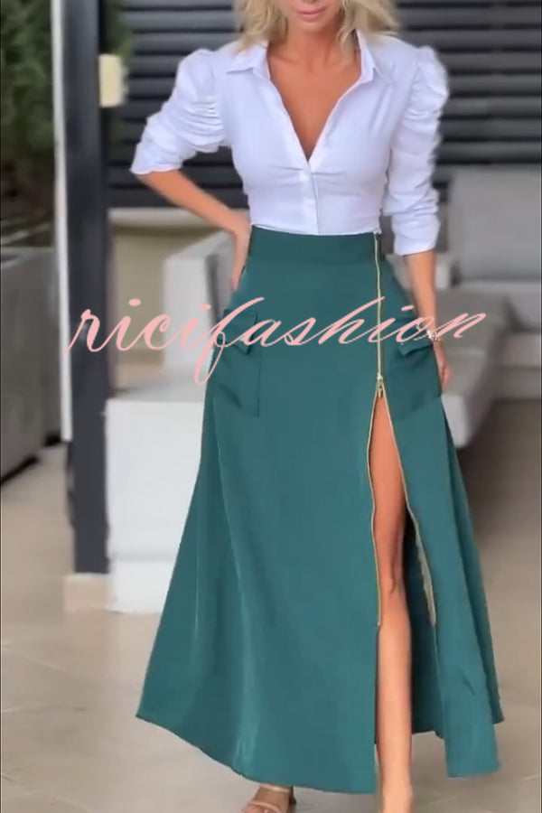 Perfect Shape Elastic Waist Zipper Detail Pocket Cargo Maxi Skirt