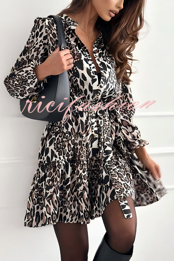 Fashion Leopard Print Long Sleeve Tie Waist Mini Dress