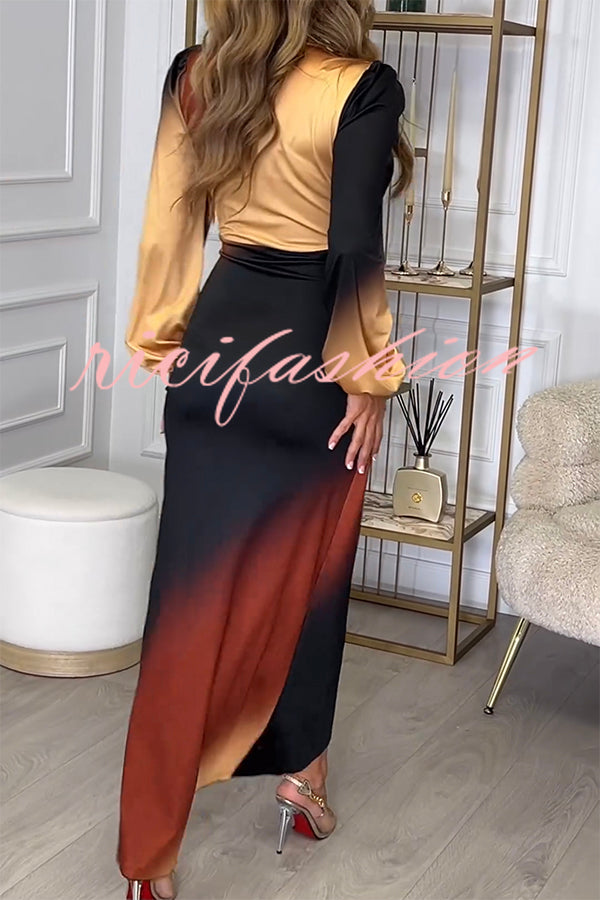 Romantic Sunset Gradient Print Ruched Balloon Sleeve Slit Maxi Dress