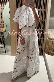 Redefining Elegance Floral Lace Cropped Shirt and Belt Pocketed Wide Leg Pants Set