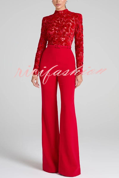 Eleanor Embroidered Floral Lace Long Sleeve Patchwork Belt Flare Jumpsuit