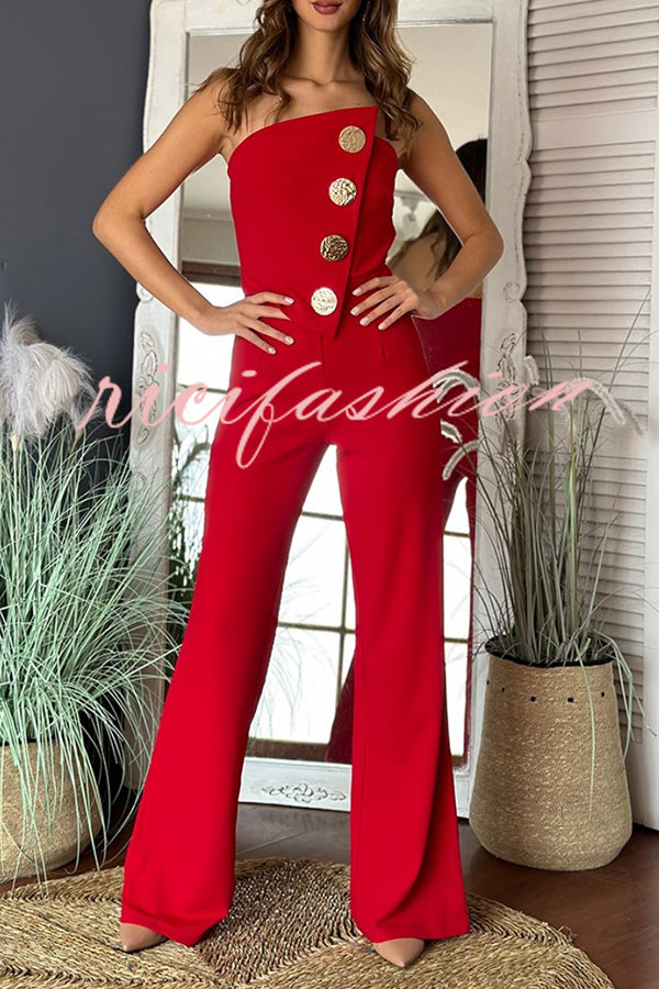 Solid Color Sexy Tube Top Gold Button Embellished Bootcut Jumpsuit