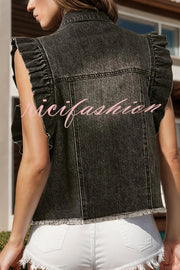 Stylish Lapel Single-breasted Ruffle Sleeve Loose Denim Jacket