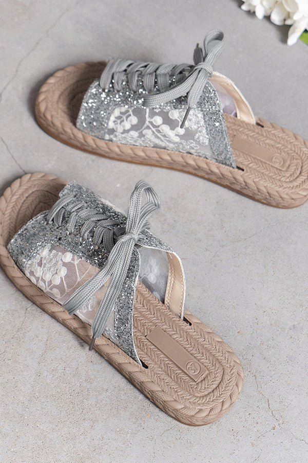 Sequined Mesh Embroidered Casual Strappy Flat Slippers