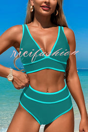 Solid Color Contrast High Waist Stretch Bikini Swimsuit