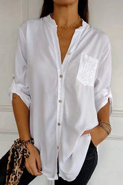 Solid Color Casual Loose Sequin Pocket Shirt Top