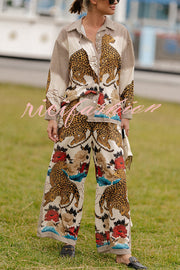 Exotic Leopard Flower Patchwork Print Button Down Oversized Blouse