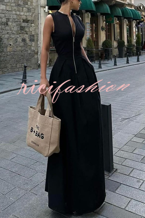 Stylish Sleeveless Zippered V-neck Slim Fit Maxi Dress