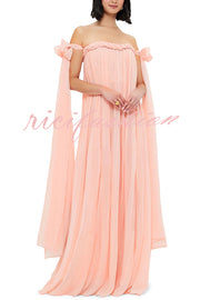 Fairy Spirit Tulle Braided Neckline Tie Arm Straps Pleated Maxi Dress