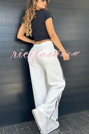 Sporty Mixed Formal Striped Trim Lapel Blazer and Elastic Waist Pocket Loose Pants Set