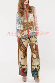 Tropical Jungle Tiger Unique Print Long Sleeve Loose Shirt and Elastic Waist Pants Set