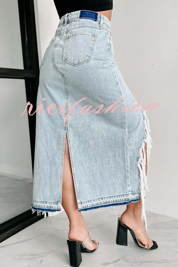 Darla Cutting Ties Heavily Distressed Denim Maxi Skirt