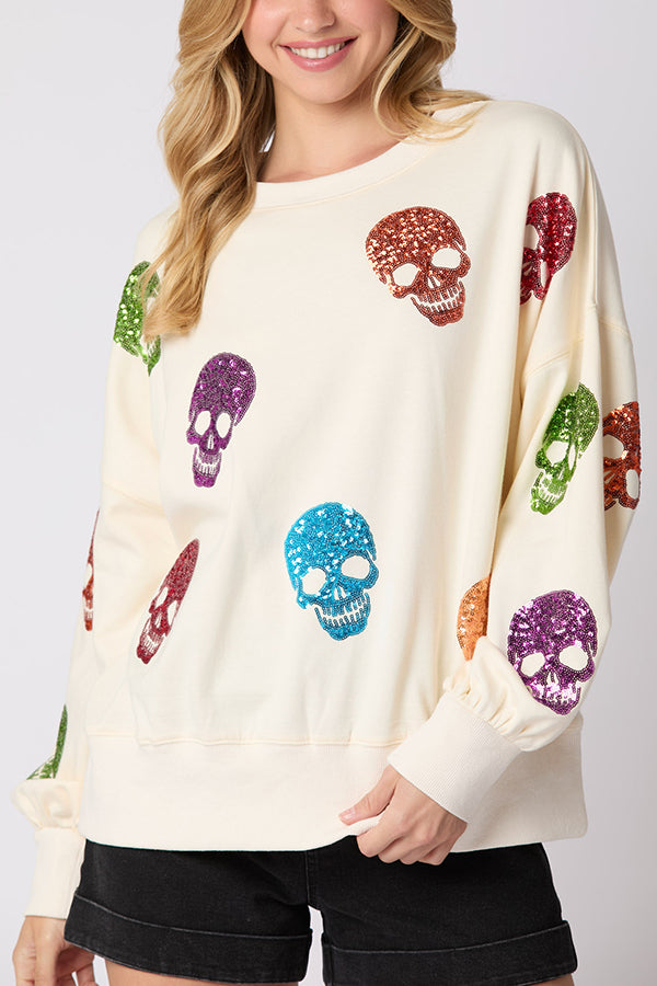 Halloween Skull Sequin Loose Casual Sweatshirt