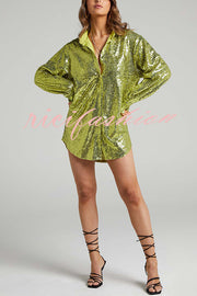 Solid Color Sequined Long-sleeved Casual Mid-length Loose Shirt