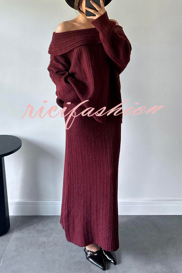 Luka Ribbed Knit Off Shoulder Long Sleeve Sweater and Stretch Maxi Skirt Set