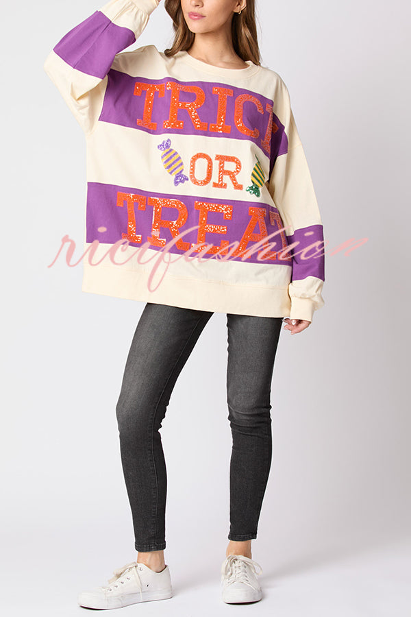 Halloween Letter Sequined Color Block Loose Casual Sweatshirt