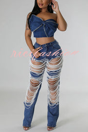 Stylish Multi-layered Pearl Chain Ripped Pocket Straight Jeans