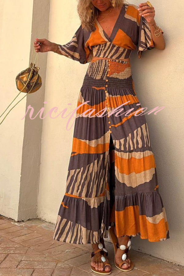 Raya Colorblock Print Bell Sleeve Crop Top and Smocked Waist Button Maxi Skirt Set