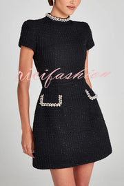 Exquisite and Playful Tweed Fabric Pearl Trim Short Sleeve Pocketed Mini Dress