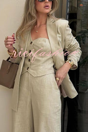 Solid Color Lapel Blazer + Slim Waistcoat and Pocket Wide-leg Pants Three-piece Set