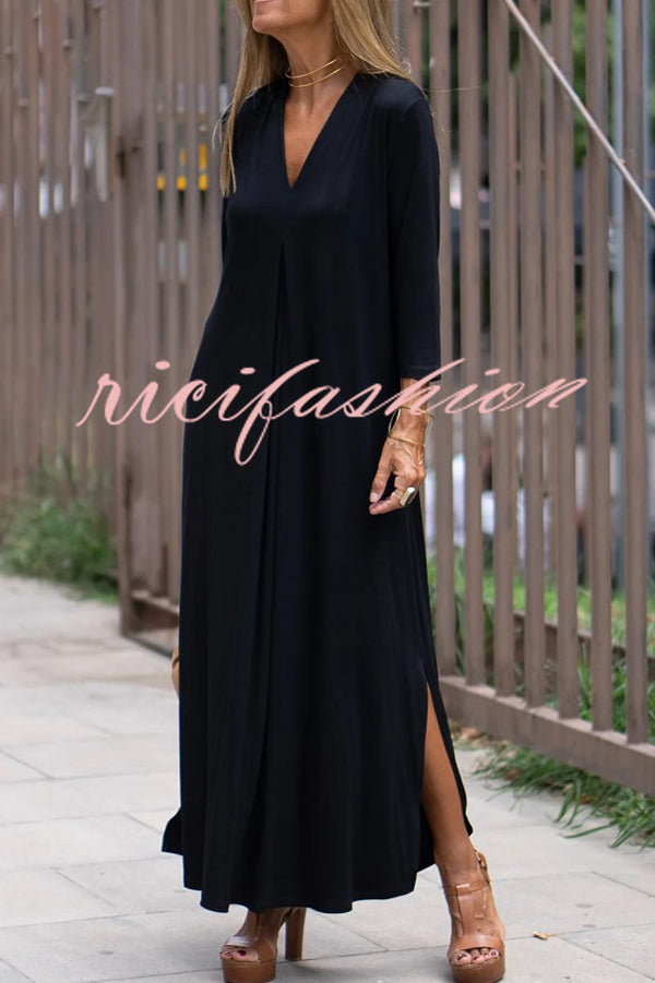 Solid Color V-neck Casual Slit Maxi Dress