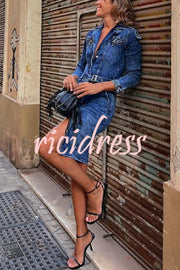 Autumn Treasure Washed Denim Button Up Pocketed Shirt Mini Dress