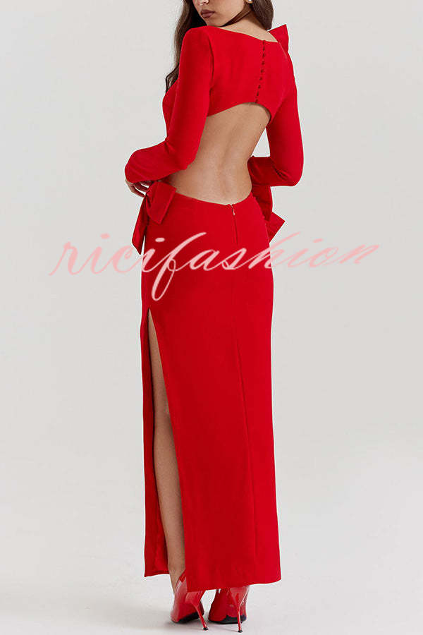 Lovely Bow Cutout Button Back Zipper Long Sleeve Maxi Dress