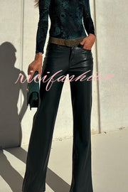 Stylish Faux Leather Pocketed Straight Stretch Pants